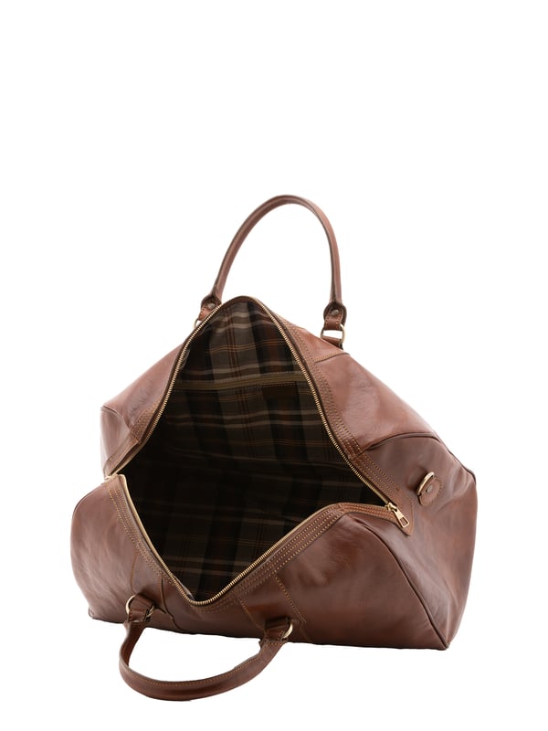 Unisex-Reisetasche mit Reißverschluss. eine mit Reißverschluss-Innentaschen. fehlende Außentaschen. verstellbarer und abnehmbarer Schultergurt aus Leder. im Ledergriff. ein Innenfach.  Außenmaterial. Innen mit Baumwolle gefüttert. Maße: 52x38x20 cm. Hergestellt in Italien