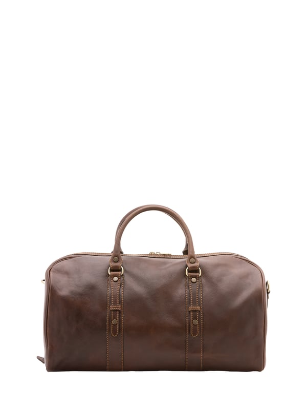 Unisex-Reisetasche mit Reißverschluss. eine mit Reißverschluss-Innentaschen. fehlende Außentaschen. verstellbarer und abnehmbarer Schultergurt aus Leder. im Ledergriff. ein Innenfach.  Außenmaterial. Innen mit Baumwolle gefüttert. Maße: 50x37x28 cm. Hergestellt in Italien