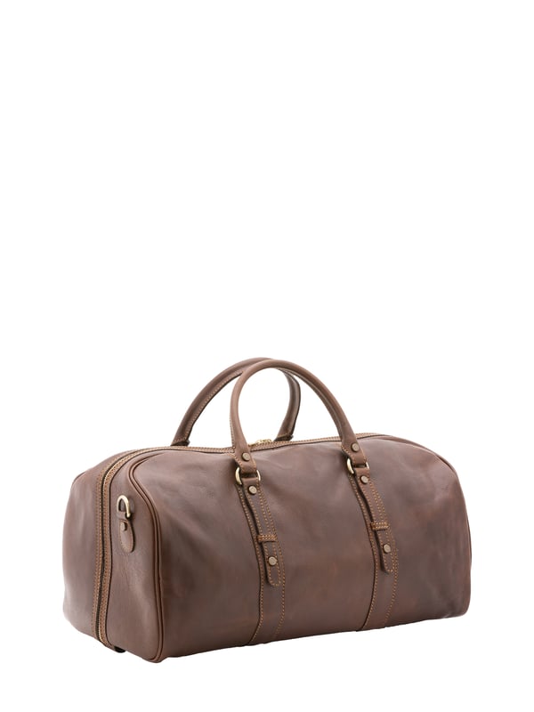 Unisex-Reisetasche mit Reißverschluss. eine mit Reißverschluss-Innentaschen. fehlende Außentaschen. verstellbarer und abnehmbarer Schultergurt aus Leder. im Ledergriff. ein Innenfach.  Außenmaterial. Innen mit Baumwolle gefüttert. Maße: 50x37x28 cm. Hergestellt in Italien