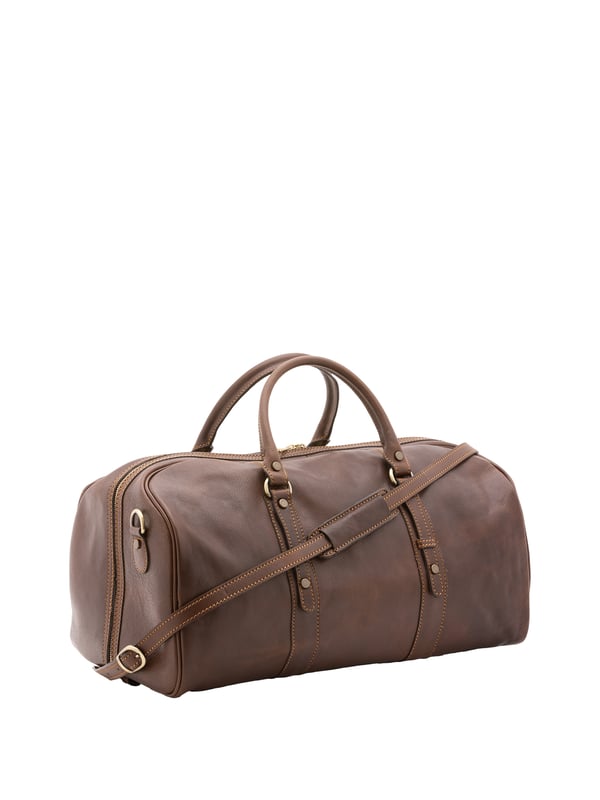Unisex-Reisetasche mit Reißverschluss. eine mit Reißverschluss-Innentaschen. fehlende Außentaschen. verstellbarer und abnehmbarer Schultergurt aus Leder. im Ledergriff. ein Innenfach.  Außenmaterial. Innen mit Baumwolle gefüttert. Maße: 50x37x28 cm. Hergestellt in Italien