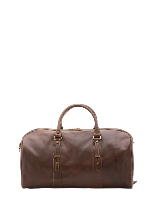 Unisex-Reisetasche mit Reißverschluss. eine mit Reißverschluss-Innentaschen. fehlende Außentaschen. verstellbarer und abnehmbarer Schultergurt aus Leder. im Ledergriff. ein Innenfach.  Außenmaterial. Innen mit Baumwolle gefüttert. Maße: 50x37x28 cm. Hergestellt in Italien