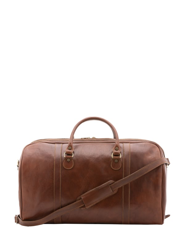 Unisex-Reisetasche mit Reißverschluss. eine mit Reißverschluss-Innentaschen. fehlende Außentaschen. verstellbarer und abnehmbarer Schultergurt aus Leder. im Ledergriff. ein Innenfach.  Außenmaterial. Innen mit Baumwolle gefüttert. Maße: 54x39x18 cm. Hergestellt in Italien