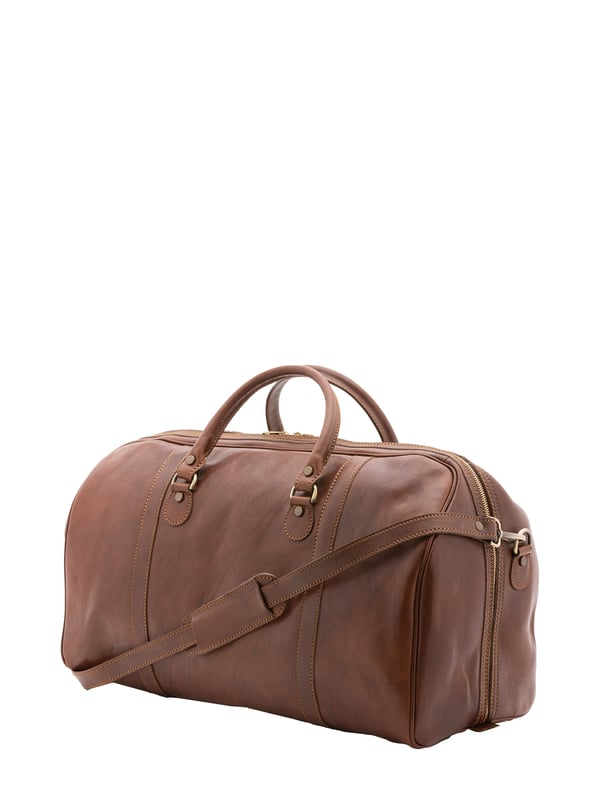 Unisex-Reisetasche mit Reißverschluss. eine mit Reißverschluss-Innentaschen. fehlende Außentaschen. verstellbarer und abnehmbarer Schultergurt aus Leder. im Ledergriff. ein Innenfach.  Außenmaterial. Innen mit Baumwolle gefüttert. Maße: 54x39x18 cm. Hergestellt in Italien