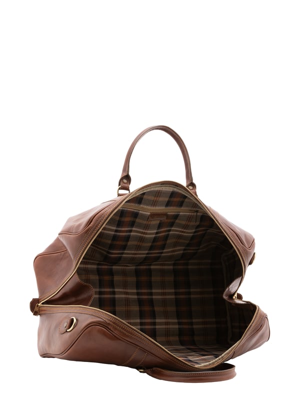 Unisex-Reisetasche mit Reißverschluss. eine mit Reißverschluss-Innentaschen. fehlende Außentaschen. verstellbarer und abnehmbarer Schultergurt aus Leder. im Ledergriff. ein Innenfach.  Außenmaterial. Innen mit Baumwolle gefüttert. Maße: 54x39x18 cm. Hergestellt in Italien