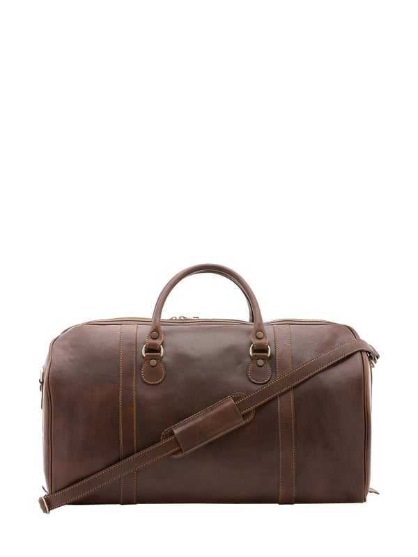 Unisex-Reisetasche mit Reißverschluss. eine mit Reißverschluss-Innentaschen. fehlende Außentaschen. verstellbarer und abnehmbarer Schultergurt aus Leder. im Ledergriff. ein Innenfach.  Außenmaterial. Innen mit Baumwolle gefüttert. Maße: 54x39x18 cm. Hergestellt in Italien