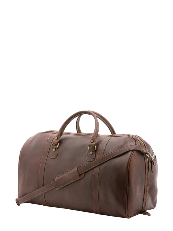 Unisex-Reisetasche mit Reißverschluss. eine mit Reißverschluss-Innentaschen. fehlende Außentaschen. verstellbarer und abnehmbarer Schultergurt aus Leder. im Ledergriff. ein Innenfach.  Außenmaterial. Innen mit Baumwolle gefüttert. Maße: 54x39x18 cm. Hergestellt in Italien