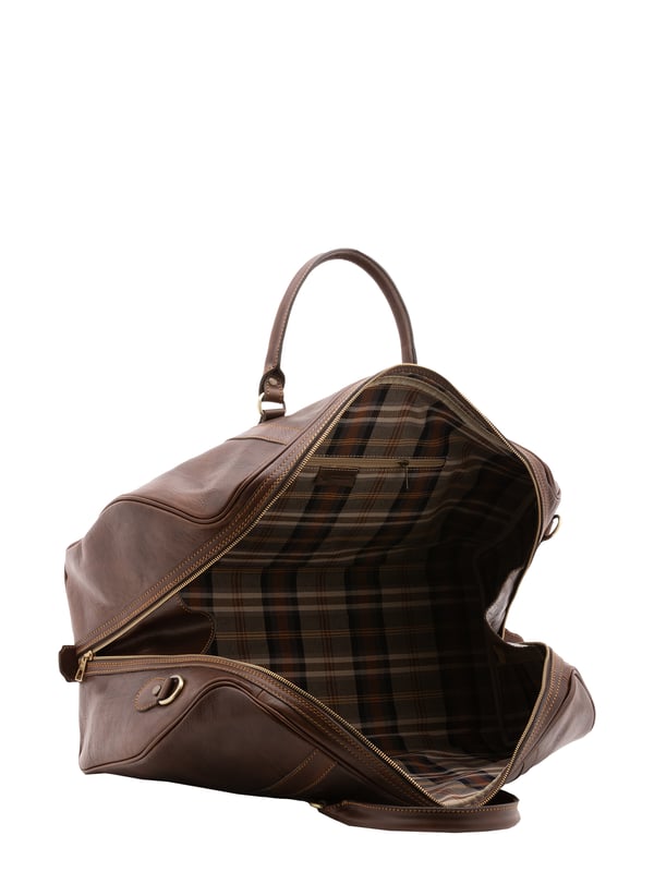 Unisex-Reisetasche mit Reißverschluss. eine mit Reißverschluss-Innentaschen. fehlende Außentaschen. verstellbarer und abnehmbarer Schultergurt aus Leder. im Ledergriff. ein Innenfach.  Außenmaterial. Innen mit Baumwolle gefüttert. Maße: 54x39x18 cm. Hergestellt in Italien