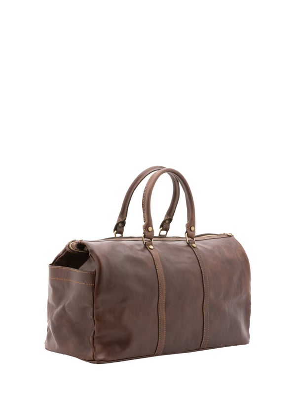 Unisex-Reisetasche mit Reißverschluss. eine Innentasche mit Reißverschluss und eine offene. fehlende Außentaschen. verstellbarer und abnehmbarer Schultergurt aus Leder. im Ledergriff. ein Innenfach.  Außenmaterial. Innen mit Baumwolle gefüttert. Maße: 50x35x20 cm. Hergestellt in Italien