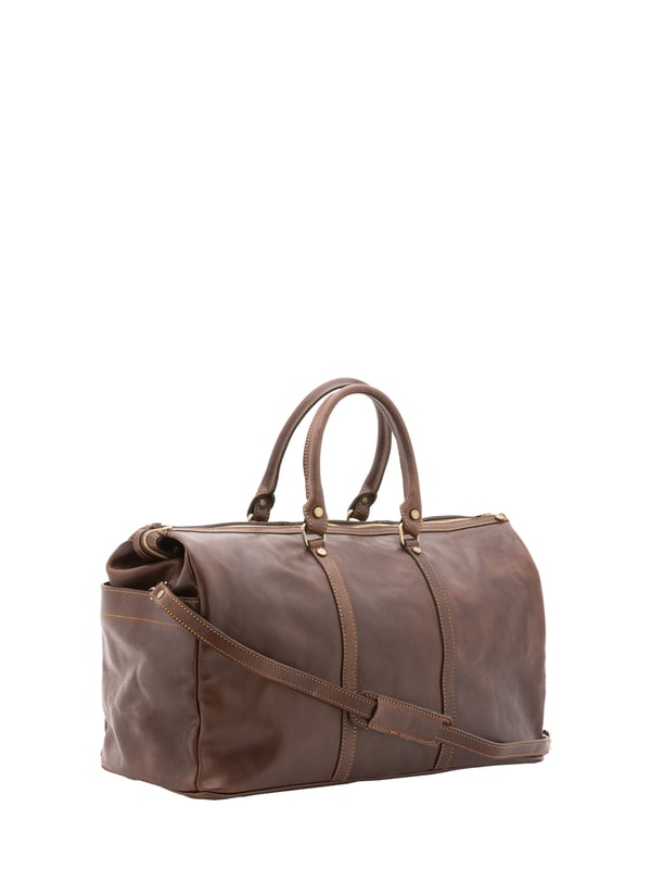 Unisex-Reisetasche mit Reißverschluss. eine Innentasche mit Reißverschluss und eine offene. fehlende Außentaschen. verstellbarer und abnehmbarer Schultergurt aus Leder. im Ledergriff. ein Innenfach.  Außenmaterial. Innen mit Baumwolle gefüttert. Maße: 50x35x20 cm. Hergestellt in Italien