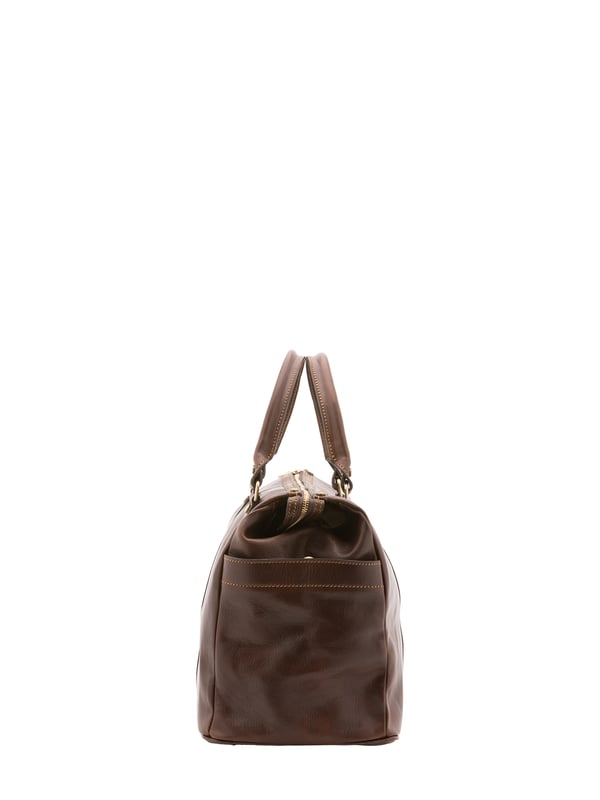 Unisex-Reisetasche mit Reißverschluss. eine Innentasche mit Reißverschluss und eine offene. fehlende Außentaschen. verstellbarer und abnehmbarer Schultergurt aus Leder. im Ledergriff. ein Innenfach.  Außenmaterial. Innen mit Baumwolle gefüttert. Maße: 50x35x20 cm. Hergestellt in Italien