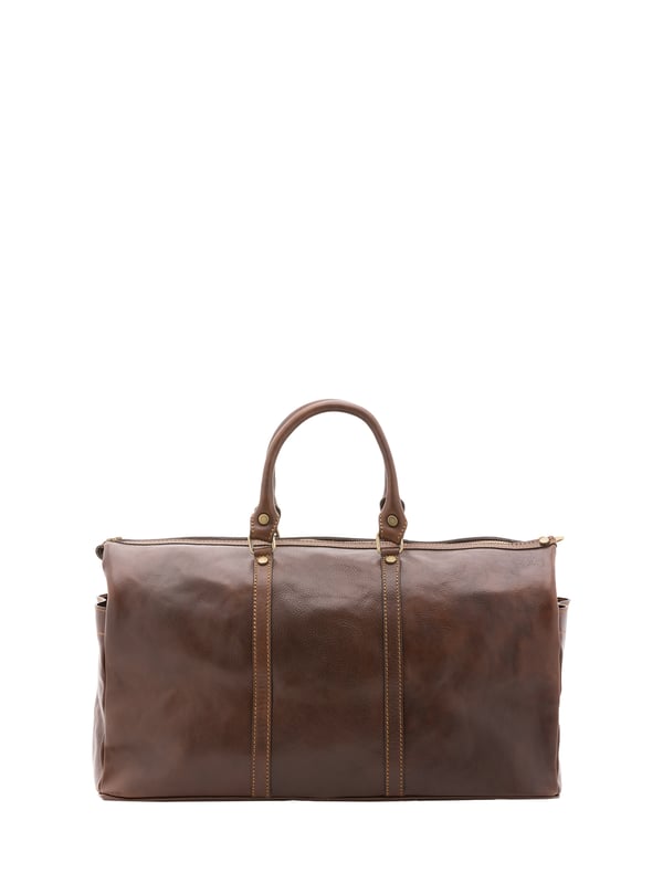 Unisex-Reisetasche mit Reißverschluss. eine Innentasche mit Reißverschluss und eine offene. fehlende Außentaschen. verstellbarer und abnehmbarer Schultergurt aus Leder. im Ledergriff. ein Innenfach.  Außenmaterial. Innen mit Baumwolle gefüttert. Maße: 50x35x20 cm. Hergestellt in Italien