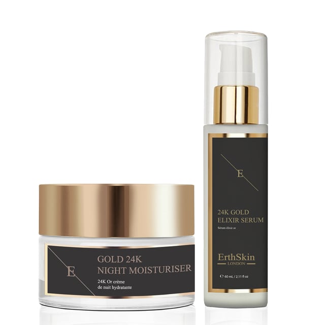 Das Anti-Wrinkle Elixir Serum 24k Gold ist ein luxuriöses Serum mit 24-karätigem Gold und wirksamen Anti-Aging-Wirkstoffen, das feine Linien und Falten bekämpft. Dieses Elixier bringt die Haut mit seinen Goldpartikeln nicht nur zum Strahlen, sondern sorgt auch für eine verbesserte Ausstrahlung. Mit seinen tiefenwirksamen feuchtigkeitsspendenden Eigenschaften fördert es die Elastizität der Haut und sorgt für ein glatteres, jugendlicheres Aussehen - eine ausgezeichnete Wahl für alle, die die sichtbaren Zeichen der Hautalterung mindern möchten.

Die Anti-Wrinkle Night Moisturiser 24k Gold ist eine reichhaltige, aufbauende Creme mit 24-karätigem Gold und fortschrittlichen Anti-Aging-Wirkstoffen, die synergetisch wirken und die Haut über Nacht nähren und reparieren. Diese nächtliche Feuchtigkeitscreme spendet der Haut tiefenwirksam Feuchtigkeit, strafft und polstert sie auf, so dass das Erscheinungsbild feiner Linien und Fältchen wirksam gemildert wird. Bei regelmäßiger Anwendung hilft sie, Ihren Teint zu verjüngen, so dass Sie am Morgen ein revitalisiertes und jugendliches Strahlen haben. Zusammen bilden diese Produkte ein wirkungsvolles Duo zur Bekämpfung der Zeichen der Hautalterung und sorgen dafür, dass Ihre Haut rund um die Uhr strahlend und jugendlich aussieht.