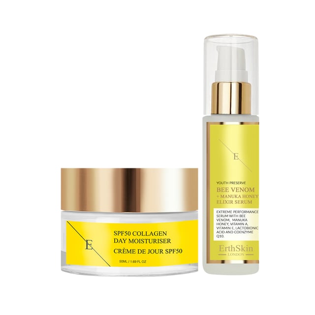 Bee Venom + Manuka Honey Elixir Serum 60ml + SPF50 COLLAGEN DAY CREAM 50ML Bee Venom + Manuka Honey Elixir Serum 60ml:
A potent anti-aging serum that harnesses the power of bee venom and manuka honey, delivering a revitalizing boost to the skin for a smoother, more radiant appearance.
SPF 50 Collagen Day Cream 50ml:
A nourishing day cream fortified with collagen and powerful SPF 50 sun protection, shielding the skin from harmful UV rays while promoting a youthful, radiant complexion.
