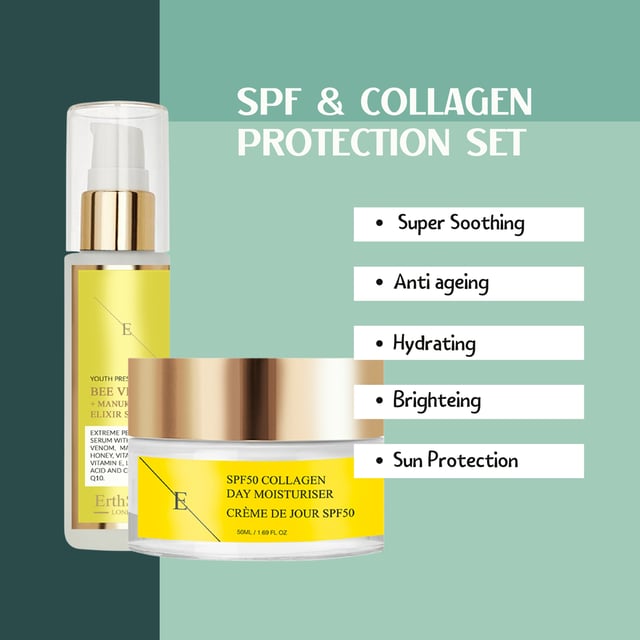 Bee Venom + Manuka Honey Elixir Serum 60ml + SPF50 COLLAGEN DAY CREAM 50ML Bee Venom + Manuka Honey Elixir Serum 60ml:
A potent anti-aging serum that harnesses the power of bee venom and manuka honey, delivering a revitalizing boost to the skin for a smoother, more radiant appearance.
SPF 50 Collagen Day Cream 50ml:
A nourishing day cream fortified with collagen and powerful SPF 50 sun protection, shielding the skin from harmful UV rays while promoting a youthful, radiant complexion.