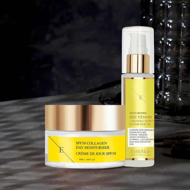 Bee Venom + Manuka Honey Elixir Serum 60ml + SPF50 COLLAGEN DAY CREAM 50ML Bee Venom + Manuka Honey Elixir Serum 60ml:
A potent anti-aging serum that harnesses the power of bee venom and manuka honey, delivering a revitalizing boost to the skin for a smoother, more radiant appearance.
SPF 50 Collagen Day Cream 50ml:
A nourishing day cream fortified with collagen and powerful SPF 50 sun protection, shielding the skin from harmful UV rays while promoting a youthful, radiant complexion.