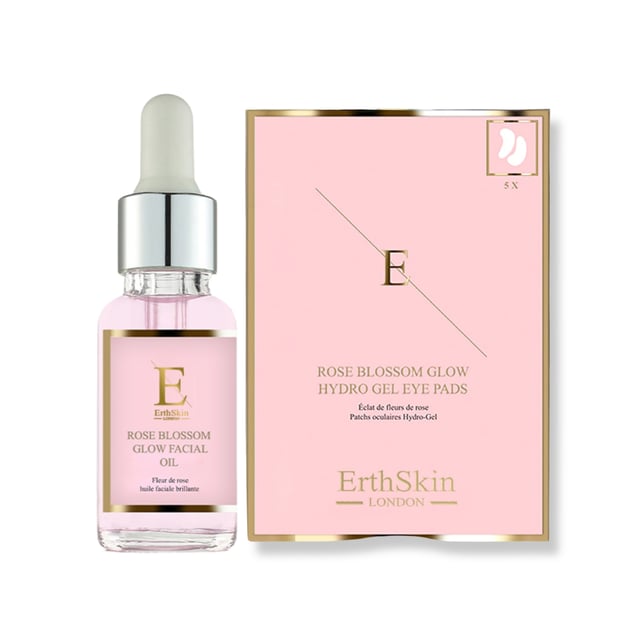 Rose Blossom Glow Facial Oil 30ml + Rose Blossom Glow Hydro-Gel Eye Pads 5 X 2 Experience the radiance of our Rose Blossom Glow Facial Oil (30ml), infused with nourishing botanicals to rejuvenate and hydrate your skin for a luminous complexion. Complement your skincare routine with our Rose Blossom Glow Hydro-Gel Eye Pads (5 pads x 2), crafted to soothe and revitalize tired under-eye areas, unveiling a refreshed and youthful glow.