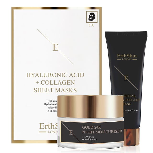 De Anti-Wrinkle Night Moisturiser 24k Gold is een luxe crème die is samengesteld om de huid te hydrateren en te verjongen terwijl je slaapt. Deze rijke moisturizer, verrijkt met 24k goud en krachtige anti-aging ingrediënten, helpt fijne lijntjes en rimpels te verminderen en zorgt voor een stevigere en jeugdigere teint. De gouddeeltjes versterken de glans van de huid, waardoor je 's ochtends een stralende gloed hebt. De voedende formule ondersteunt de regeneratie van de huid 's nachts, waardoor het een essentiële aanvulling is op je huidverzorgingsroutine 's avonds.

Het Peel Off Face Mask is ontworpen om je huid te zuiveren en te verfrissen. Dit masker helpt onzuiverheden te verwijderen, poriën te ontstoppen en dode huidcellen te verwijderen, waardoor je teint helderder en gladder wordt. Dankzij de peel-off formule kun je het masker gemakkelijk aanbrengen en verwijderen, waardoor het een handige keuze is voor een thuis-wellnesservaring. Het masker helpt ook om de huid strakker te maken en de algehele textuur te verbeteren, waardoor je er weer stralend uitziet.

Het Hyaluronic Acid & Collagen Mask bestaat uit drie vellen die de huid intens hydrateren en voeden. Deze maskers zijn verrijkt met hyaluronzuur en collageen en helpen de huid voller te maken, fijne lijntjes te verminderen en de elasticiteit te verbeteren. Ze hechten comfortabel aan het gezicht, waardoor de ingrediënten diep kunnen doordringen voor een maximaal effect. Regelmatig gebruik van deze maskers helpt bij het behouden van een stralende en jeugdige teint, waardoor ze een perfecte aanvulling zijn op je huidverzorgingsroutine.

Samen bieden deze producten een allesomvattende aanpak voor hydratatie, verjonging en zuivering, waardoor je een gezonde, stralende en jeugdig uitziende teint krijgt.