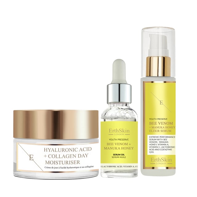 Hyaluronic acid & Collagen Day Cream 50ml+ Bee Venom + Manuka Honey Elixir Serum 60ml + Bee Venom + Manuka Honey Serum Oil 30ml Hyaluronic Acid & Collagen Day Cream 50ml:
A nourishing day cream enriched with hyaluronic acid and collagen, designed to hydrate and rejuvenate the skin for a youthful, radiant complexion.
Bee Venom + Manuka Honey Elixir Serum 60ml:
A potent anti-aging serum that harnesses the power of bee venom and manuka honey, delivering a revitalizing boost to the skin for a smoother, more radiant appearance.
Bee Venom + Manuka Honey Serum Oil 30ml:
A luxurious serum oil infused with bee venom and manuka honey, providing intense hydration and nourishment, leaving the skin deeply nourished and glowing.