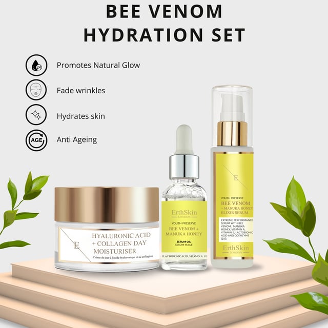 Hyaluronic acid & Collagen Day Cream 50ml+ Bee Venom + Manuka Honey Elixir Serum 60ml + Bee Venom + Manuka Honey Serum Oil 30ml Hyaluronic Acid & Collagen Day Cream 50ml:
A nourishing day cream enriched with hyaluronic acid and collagen, designed to hydrate and rejuvenate the skin for a youthful, radiant complexion.
Bee Venom + Manuka Honey Elixir Serum 60ml:
A potent anti-aging serum that harnesses the power of bee venom and manuka honey, delivering a revitalizing boost to the skin for a smoother, more radiant appearance.
Bee Venom + Manuka Honey Serum Oil 30ml:
A luxurious serum oil infused with bee venom and manuka honey, providing intense hydration and nourishment, leaving the skin deeply nourished and glowing.