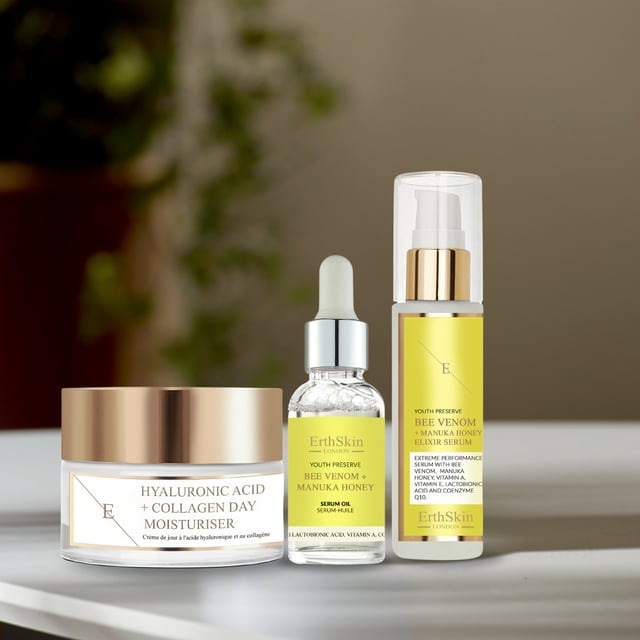 Hyaluronic acid & Collagen Day Cream 50ml+ Bee Venom + Manuka Honey Elixir Serum 60ml + Bee Venom + Manuka Honey Serum Oil 30ml Hyaluronic Acid & Collagen Day Cream 50ml:
A nourishing day cream enriched with hyaluronic acid and collagen, designed to hydrate and rejuvenate the skin for a youthful, radiant complexion.
Bee Venom + Manuka Honey Elixir Serum 60ml:
A potent anti-aging serum that harnesses the power of bee venom and manuka honey, delivering a revitalizing boost to the skin for a smoother, more radiant appearance.
Bee Venom + Manuka Honey Serum Oil 30ml:
A luxurious serum oil infused with bee venom and manuka honey, providing intense hydration and nourishment, leaving the skin deeply nourished and glowing.