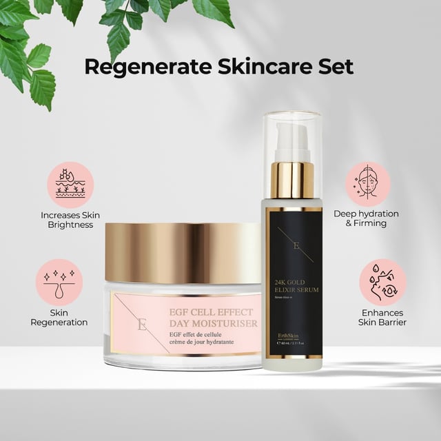 Het Anti-Wrinkle Elixir Serum met 24K goud is een essentiële huidverzorgingslijn die tekenen van huidveroudering aanpakt en de huid laat stralen. Dit lichtgewicht serum, verrijkt met de luxe voordelen van 24K goud, hydrateert diep, maakt fijne lijntjes glad en herstelt de stevigheid voor een jeugdige gloed. De snel absorberende formule maakt de huid zijdezacht, verjongd en stralend bij elk gebruik.

De EGF Cell Effect Day Moisturiser is een revolutionaire formule die is ontwikkeld om huidvernieuwing en hydratatie te ondersteunen. Deze lichtgewicht moisturiser, aangedreven door Epidermale Groeifactoren (EGF), verbetert de elasticiteit van de huid, verbetert de textuur en voedt de hele dag door. Ideaal voor dagelijks gebruik, helpt bij het bereiken van een gladde, vollere en stralende teint, waardoor het een onmisbaar onderdeel van je huidverzorgingsroutine is.