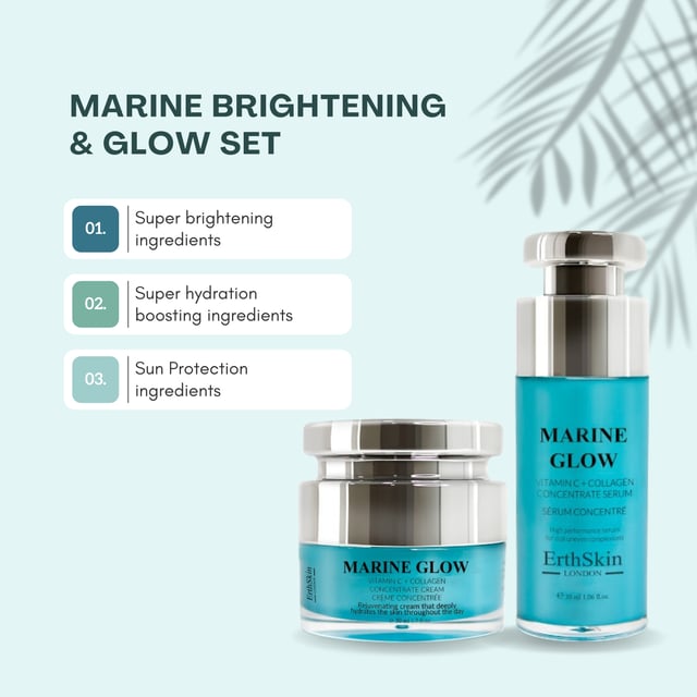 Marine Glow Vitamin C + Collagen Concentrate Serum 30ml + Marine Glow + Vitamin C Concentrate Cream 50ml Marine Glow Vitamin C + Collagen Concentrate Serum 30ml:
A potent serum that combines the brightening power of vitamin C with the rejuvenating effects of marine collagen, delivering a radiant, even-toned complexion and a smoother, more youthful appearance.
Marine Glow + Vitamin C Concentrate Cream 50ml:
A luxurious cream infused with marine extracts, vitamin C, and collagen, designed to brighten, firm, and revitalize the skin, revealing a fresh, glowing complexion.