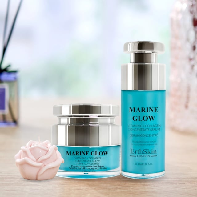 Marine Glow Vitamin C + Collagen Concentrate Serum 30ml + Marine Glow + Vitamin C Concentrate Cream 50ml Marine Glow Vitamin C + Collagen Concentrate Serum 30ml:
A potent serum that combines the brightening power of vitamin C with the rejuvenating effects of marine collagen, delivering a radiant, even-toned complexion and a smoother, more youthful appearance.
Marine Glow + Vitamin C Concentrate Cream 50ml:
A luxurious cream infused with marine extracts, vitamin C, and collagen, designed to brighten, firm, and revitalize the skin, revealing a fresh, glowing complexion.