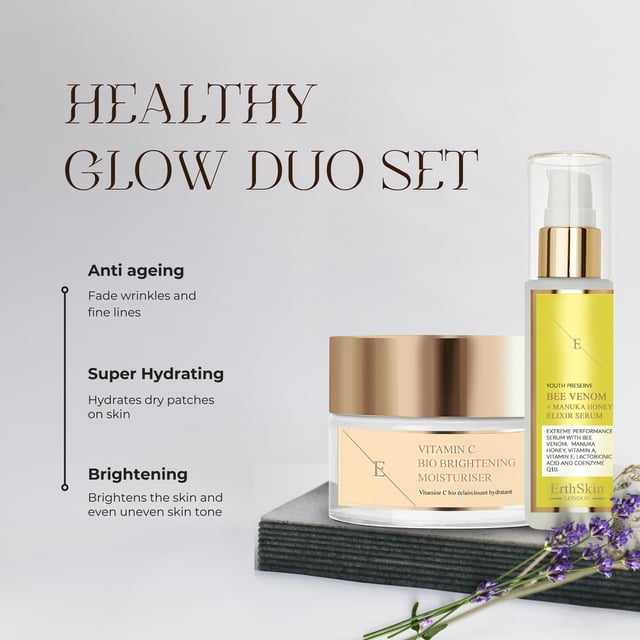 Illuminate your complexion with our Vitamin C Bio Brightening Moisturiser (50ml), infused with powerful antioxidants to revitalize and brighten your skin. Enhance your skincare routine with our Bee Venom + Manuka Honey Elixir Serum (60ml), crafted to stimulate collagen production and promote a firmer, more youthful appearance, leaving your skin with a radiant, dewy glow.