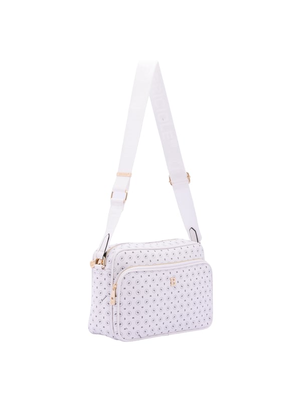 Bolso bandolera para mujer. El cierre es con cremallera. Los bolsillos internos son uno con cremallera. Los bolsillos externos son uno delantero con cremallera y otro trasero con cremallera. La bandolera es ajustable en tela. Falta el mango. Hay un compartimento interno. El material exterior es ecopiel. Internamente está forrado en poliéster. Medidas: 18x28x11 cm. Producto de moda