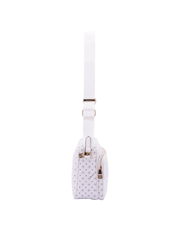 Bolso bandolera para mujer. El cierre es con cremallera. Los bolsillos internos son uno con cremallera. Los bolsillos externos son uno delantero con cremallera y otro trasero con cremallera. La bandolera es ajustable en tela. Falta el mango. Hay un compartimento interno. El material exterior es ecopiel. Internamente está forrado en poliéster. Medidas: 18x28x11 cm. Producto de moda