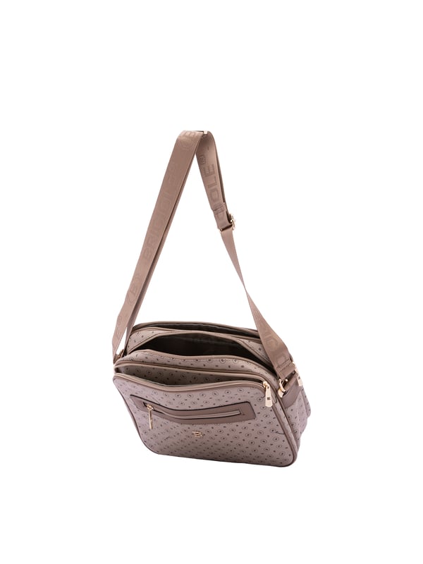 Briciole Bolso de hombro Mujer Bolso bandolera para mujer. El cierre es con cremallera. Los bolsillos internos son uno con cremallera. Los bolsillos exteriores son dos delanteros con cremallera y dos traseros con cremallera. La bandolera es ajustable en tela. Falta el mango. Hay tres compartimentos internos. El material exterior es ecopiel. Internamente está forrado en poliéster. Medidas: 24x29x11 cm. Producto de moda