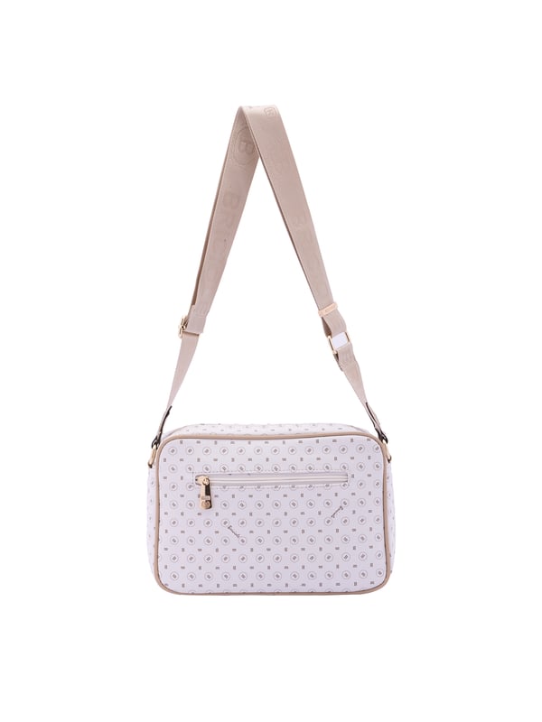Bolso bandolera para mujer. El cierre es con cremallera. Los bolsillos internos son uno con cremallera. Los bolsillos externos son uno delantero con cremallera y otro trasero con cremallera. La bandolera es ajustable en tela. Falta el mango. Hay un compartimento interno. El material exterior es ecopiel. Internamente está forrado en poliéster. Medidas: 18x28x11 cm. Producto de moda