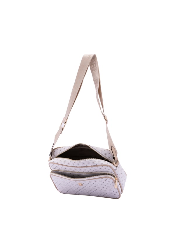 Bolso bandolera para mujer. El cierre es con cremallera. Los bolsillos internos son uno con cremallera. Los bolsillos externos son uno delantero con cremallera y otro trasero con cremallera. La bandolera es ajustable en tela. Falta el mango. Hay un compartimento interno. El material exterior es ecopiel. Internamente está forrado en poliéster. Medidas: 18x28x11 cm. Producto de moda