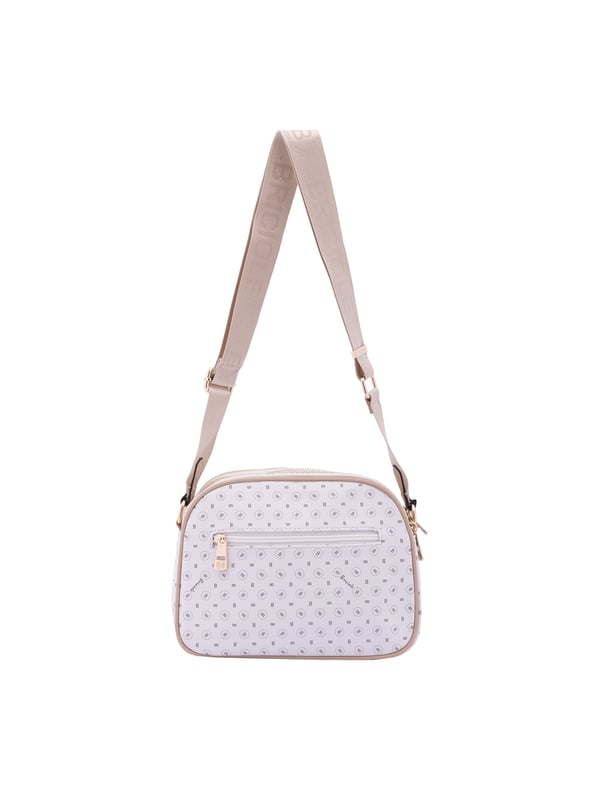 Bolso bandolera para mujer. El cierre es con cremallera. Los bolsillos internos son uno con cremallera. Los bolsillos externos son uno en la espalda con cremallera. La bandolera es ajustable en tela. Falta el mango. Hay tres compartimentos internos. El material exterior es ecopiel. Internamente está forrado en poliéster. Medidas: 19x26x9 cm. Producto de moda