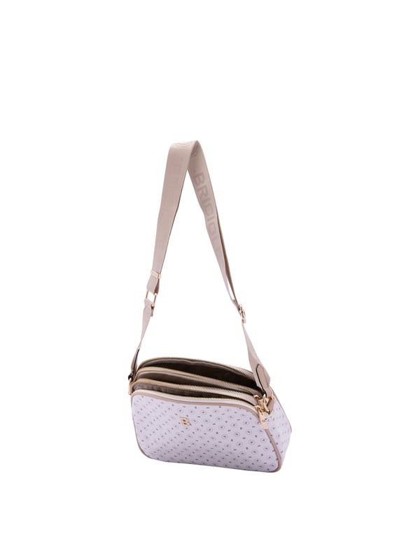 Bolso bandolera para mujer. El cierre es con cremallera. Los bolsillos internos son uno con cremallera. Los bolsillos externos son uno en la espalda con cremallera. La bandolera es ajustable en tela. Falta el mango. Hay tres compartimentos internos. El material exterior es ecopiel. Internamente está forrado en poliéster. Medidas: 19x26x9 cm. Producto de moda