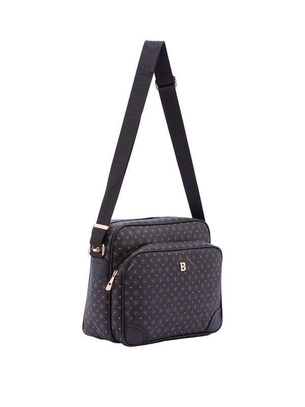 Bolso bandolera para mujer. El cierre es con cremallera. Los bolsillos internos son uno con cremallera. Los bolsillos externos son uno delantero con cremallera y otro trasero con cremallera. La bandolera es ajustable en tela. Falta el mango. Hay dos compartimentos internos. El material exterior es ecopiel. Internamente está forrado en poliéster. Medidas: 24x29x13 cm. Producto de moda