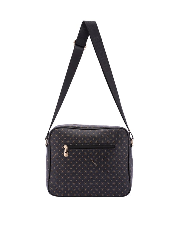 Bolso bandolera para mujer. El cierre es con cremallera. Los bolsillos internos son uno con cremallera. Los bolsillos externos son uno delantero con cremallera y otro trasero con cremallera. La bandolera es ajustable en tela. Falta el mango. Hay dos compartimentos internos. El material exterior es ecopiel. Internamente está forrado en poliéster. Medidas: 24x29x13 cm. Producto de moda