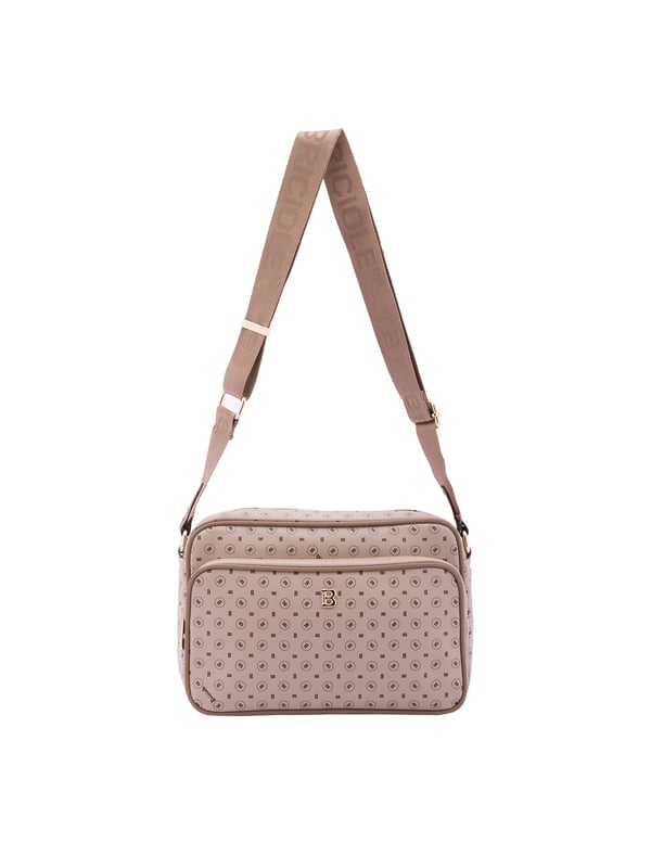Bolso bandolera para mujer. El cierre es con cremallera. Los bolsillos internos son uno con cremallera. Los bolsillos externos son uno delantero con cremallera y otro trasero con cremallera. La bandolera es ajustable en tela. Falta el mango. Hay un compartimento interno. El material exterior es ecopiel. Internamente está forrado en poliéster. Medidas: 18x28x11 cm. Producto de moda