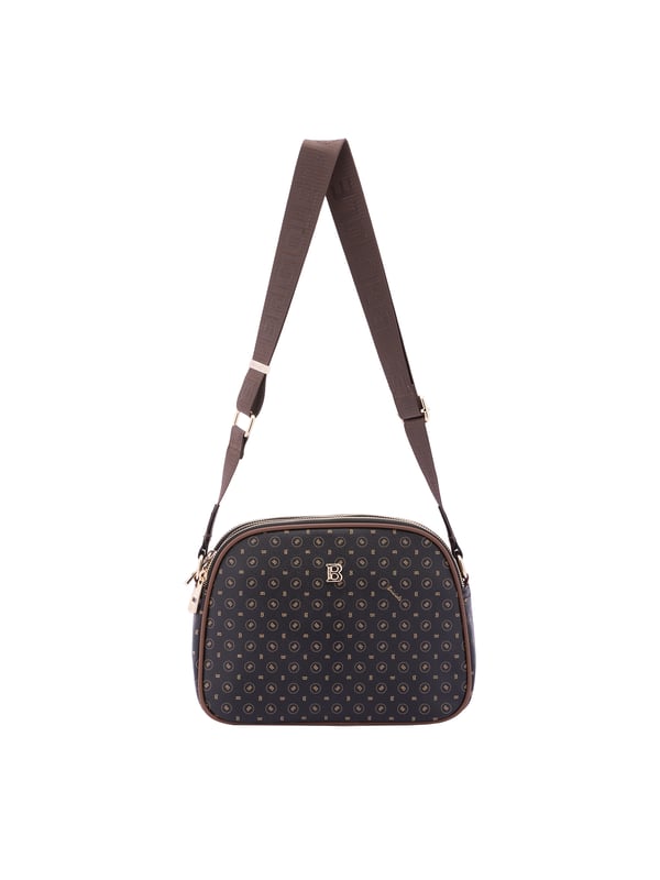 Bolso bandolera para mujer. El cierre es con cremallera. Los bolsillos internos son uno con cremallera. Los bolsillos externos son uno en la espalda con cremallera. La bandolera es ajustable en tela. Falta el mango. Hay tres compartimentos internos. El material exterior es ecopiel. Internamente está forrado en poliéster. Medidas: 19x26x9 cm. Producto de moda