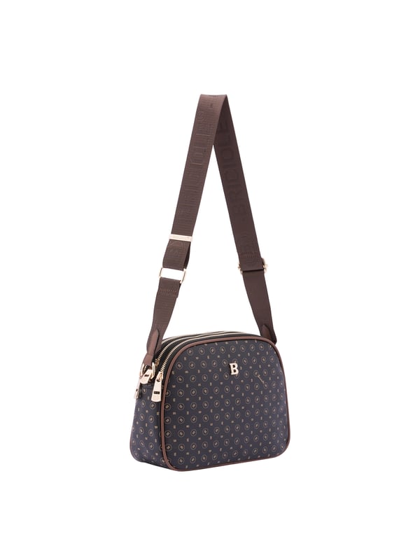 Bolso bandolera para mujer. El cierre es con cremallera. Los bolsillos internos son uno con cremallera. Los bolsillos externos son uno en la espalda con cremallera. La bandolera es ajustable en tela. Falta el mango. Hay tres compartimentos internos. El material exterior es ecopiel. Internamente está forrado en poliéster. Medidas: 19x26x9 cm. Producto de moda