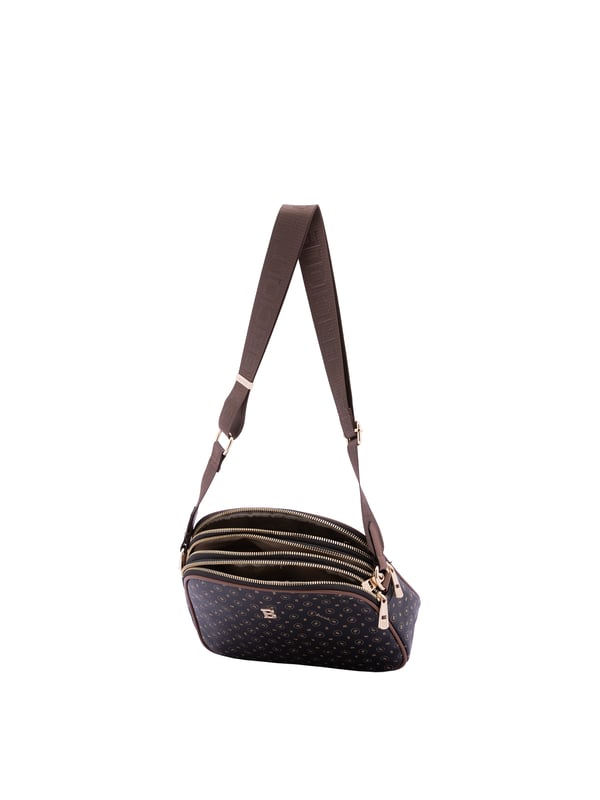 Bolso bandolera para mujer. El cierre es con cremallera. Los bolsillos internos son uno con cremallera. Los bolsillos externos son uno en la espalda con cremallera. La bandolera es ajustable en tela. Falta el mango. Hay tres compartimentos internos. El material exterior es ecopiel. Internamente está forrado en poliéster. Medidas: 19x26x9 cm. Producto de moda
