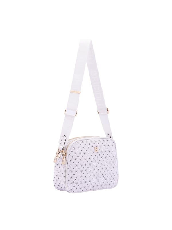 Bolso bandolera para mujer. El cierre es con cremallera. Los bolsillos internos son uno con cremallera. Los bolsillos externos son uno en la espalda con cremallera. La bandolera es ajustable en tela. Falta el mango. Hay tres compartimentos internos. El material exterior es ecopiel. Internamente está forrado en poliéster. Medidas: 19x26x9 cm. Producto de moda