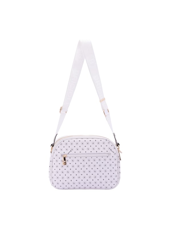 Bolso bandolera para mujer. El cierre es con cremallera. Los bolsillos internos son uno con cremallera. Los bolsillos externos son uno en la espalda con cremallera. La bandolera es ajustable en tela. Falta el mango. Hay tres compartimentos internos. El material exterior es ecopiel. Internamente está forrado en poliéster. Medidas: 19x26x9 cm. Producto de moda