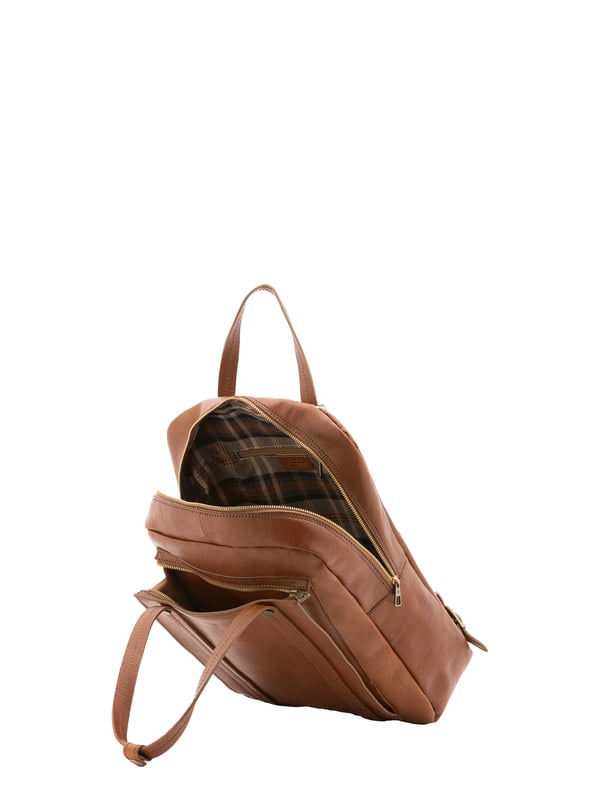 Unisex-Rucksack mit Reißverschluss. Multifunktionstaschen Innentaschen. eine Vorderseite mit Außentaschen mit Reißverschluss. verstellbarer Schultergurt aus Leder. im Ledergriff. ein Innenfach.  Außenmaterial. Innen mit Baumwolle gefüttert. Maße: 43x33x11 cm. Hergestellt in Italien