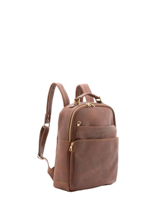 Unisex-Rucksack mit Reißverschluss. eine offene Innentasche. zwei vordere Außentaschen mit Reißverschluss. verstellbarer Schultergurt aus Leder. im Ledergriff. ein Innenfach.  Außenmaterial. Innen mit Baumwolle gefüttert. Maße: 39x31x10 cm. Hergestellt in Italien