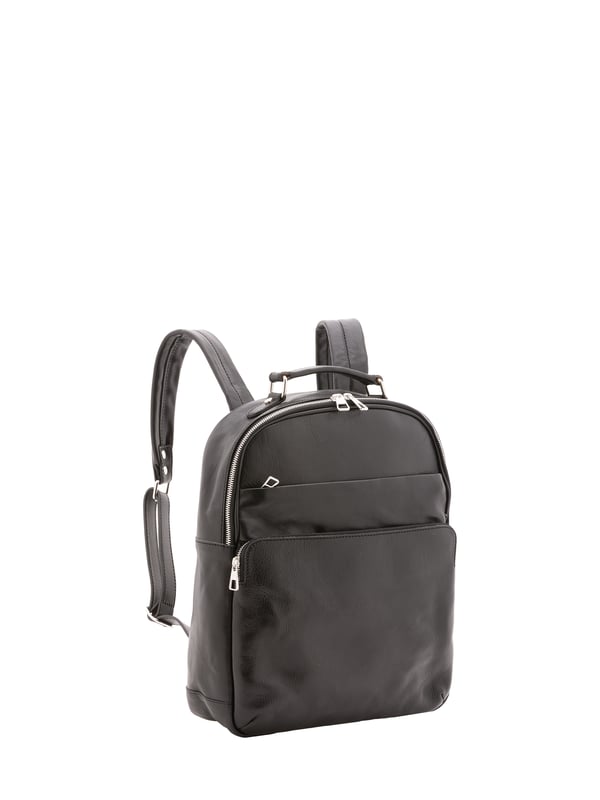 Unisex-Rucksack mit Reißverschluss. eine offene Innentasche. zwei vordere Außentaschen mit Reißverschluss. verstellbarer Schultergurt aus Leder. im Ledergriff. ein Innenfach.  Außenmaterial. Innen mit Baumwolle gefüttert. Maße: 39x31x10 cm. Hergestellt in Italien