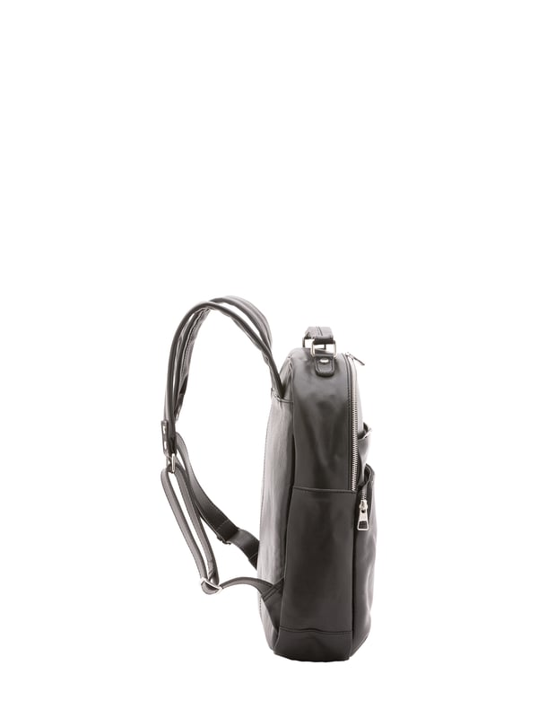 Unisex-Rucksack mit Reißverschluss. eine offene Innentasche. zwei vordere Außentaschen mit Reißverschluss. verstellbarer Schultergurt aus Leder. im Ledergriff. ein Innenfach.  Außenmaterial. Innen mit Baumwolle gefüttert. Maße: 39x31x10 cm. Hergestellt in Italien