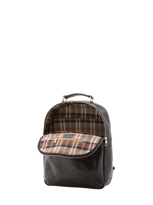 Unisex-Rucksack mit Reißverschluss. eine offene Innentasche. zwei vordere Außentaschen mit Reißverschluss. verstellbarer Schultergurt aus Leder. im Ledergriff. ein Innenfach.  Außenmaterial. Innen mit Baumwolle gefüttert. Maße: 39x31x10 cm. Hergestellt in Italien
