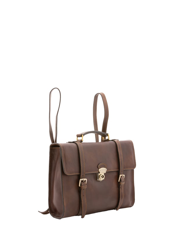 Unisex-Rucksack mit Schnappverschluss. zwei offene Innentaschen. eine Rückseite mit Reißverschluss-Außentaschen. verstellbarer Schultergurt aus Leder. im Ledergriff. zwei Innenfächer.  Außenmaterial. Innen mit Baumwolle gefüttert. Maße: 37x28x9 cm. Hergestellt in Italien
