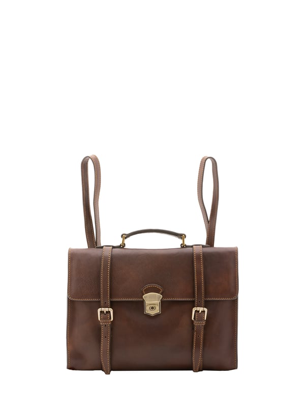 Unisex-Rucksack mit Schnappverschluss. zwei offene Innentaschen. eine Rückseite mit Reißverschluss-Außentaschen. verstellbarer Schultergurt aus Leder. im Ledergriff. zwei Innenfächer.  Außenmaterial. Innen mit Baumwolle gefüttert. Maße: 37x28x9 cm. Hergestellt in Italien